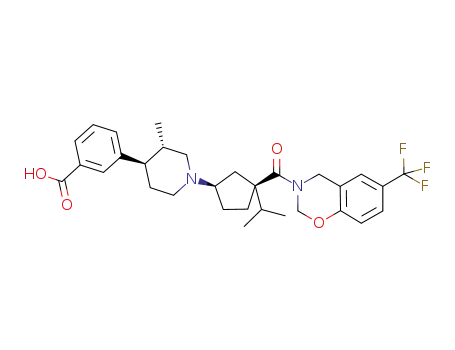 Molecular Structure of 782492-17-5 (Benzoic acid, 3-[(3R,4S)-3-methyl-1-[(1R,3S)-3-(1-methylethyl)-3-[[6-(trifluoromethyl)-2H-1,3-benzoxazin-3(4H)-yl]carbonyl]cyclopentyl]-4-piperidinyl]-)