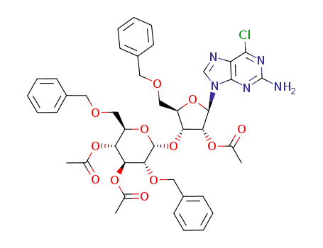 Molecular Structure of 897364-66-8 (2-amino-6-chloro-9-[2'-O-acetyl-5'-O-benzyl-3'-O-(3'',4''-di-O-acetyl-2'',6''-di-O-benzyl-α-D-glucopyranosyl)-β-D-ribofuranosyl]purine)