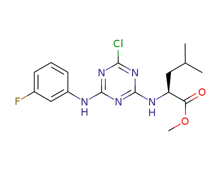 Molecular Structure of 825647-31-2 (L-Leucine, N-[4-chloro-6-[(3-fluorophenyl)amino]-1,3,5-triazin-2-yl]-,
methyl ester)