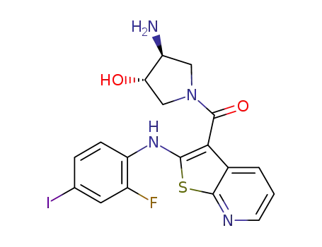 Molecular Structure of 1202067-94-4 ([(3S,4S)-3-amino-4-hydroxypyrrolidin-1-yl]-[2-(2-fluoro-4-iodophenylamino)thieno[2,3-b]pyridin-3-yl]-methanone)
