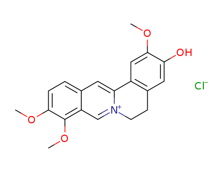 6681-15-8,JATRORRHIZINE HCL(RG),Berbinium,7,8,13,13a-tetradehydro-3-hydroxy-2,9,10-trimethoxy-, chloride (8CI);Dibenzo[a,g]quinolizinium, 5,6-dihydro-3-hydroxy-2,9,10-trimethoxy-, chloride(9CI); Jatrorrhizine chloride (7CI); NSC 645313; Neprotine chloride