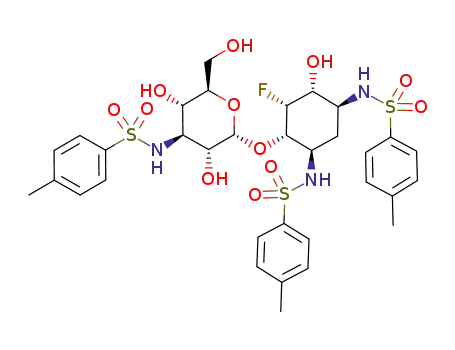 Molecular Structure of 316804-46-3 (6-O-(3-deoxy-3-tosylamido-α-D-glucopyranosyl)-2,5-dideoxy-5-epi-5-fluoro-1,3-di-N-tosylstreptamine)
