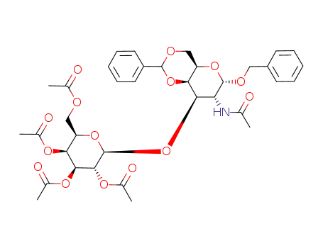 Molecular Structure of 86327-84-6 (Benzyl 2-Acetamido-2-deoxy-4,6-O-benzylidene-3-O-(2’,3’,4’,6’-tetra- O-acetyl-β-D-galactopyranosyl)-α-D-galactopyranoside)