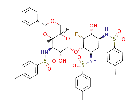 Molecular Structure of 316804-47-4 (6-O-(4,6-O-benzylidene-3-deoxy-3-tosylamido-α-D-glucopyranosyl)-2,5-dideoxy-5-epi-5-fluoro-1,3-di-N-tosylstreptamine)