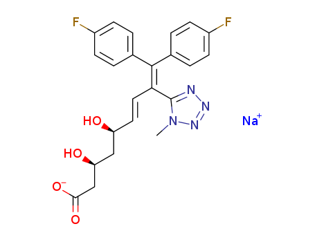 130200-44-1,Bmy-21950,sodium (3S,5R,6E)-9,9-bis(4-fluorophenyl)-3,5-dihydroxy-8-(1-methyltetrazol-5-yl)nona-6,8-dienoate;6,8-Nonadienoic acid, 9,9-bis(4-fluorophenyl)-3,5-dihydroxy-8-(1-methyl-1H-tetrazol-5-yl)-, monosodium salt, (R*,S*-(E))-;Bmy 21950;