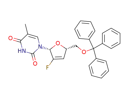 Molecular Structure of 128496-21-9 (1-{(2R,5S)-3-fluoro-5-[(trityloxy)methyl]-2,5-dihydrofuran-2-yl}-5-methylpyrimidine-2,4(1H,3H)-dione)