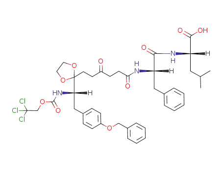 Molecular Structure of 88036-22-0 (L-Leucine,
N-[N-[1,4-dioxo-6-[2-[2-[4-(phenylmethoxy)phenyl]-1-[[(2,2,2-trichloroeth
oxy)carbonyl]amino]ethyl]-1,3-dioxolan-2-yl]hexyl]-L-phenylalanyl]-, (S)-)