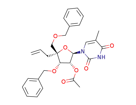 Molecular Structure of 945382-96-7 (1-[4-C-allyl-3,5-di-O-benzyl-2-O-acetyl-β-D-ribofuranosyl]-thymine)