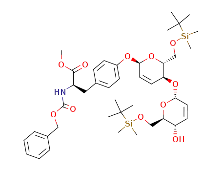 Molecular Structure of 887326-66-1 (2-benzyloxycarbonylamino-3-(4-{6-(<i>tert</i>-butyl-dimethyl-silanyloxymethyl)-5-[6-(<i>tert</i>-butyl-dimethyl-silanyloxymethyl)-5-hydroxy-5,6-dihydro-2<i>H</i>-pyran-2-yloxy]-5,6-dihydro-2<i>H</i>-pyran-2-yloxy}-phenyl)-propionic acid methyl ester)