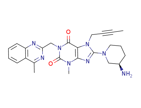 668270-12-0,Linagliptin,BI 1356;BI 1356BS;Linagliptin;ONDERO;1H-Purine-2,6-dione,8-[(3R)-3-amino-1-piperidinyl]-7-(2-butynyl)-3,7-dihydro-3-methyl-1-[(4-methyl-2-quinazolinyl)methyl]-(9CI);1H-Purine-2,6-dione, 8-((3R)-3-amino-1-piperidinyl)-7-(2-butynyl)-3,7-dihydro-3-methyl-1-((4-methyl-2-quinazolinyl)methyl)-;(R)-8-(3-Amino-piperidin-1-yl)-7-but-2-ynyl-3-methyl-1-(4-methyl-quinazolin-2-ylmethyl)-3,7-dihydro-purine-2,6-dione;Linagliptin;Tradjenta;