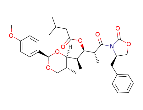 Molecular Structure of 890932-99-7 (3-Methyl-butyric acid (1R,2R)-3-((R)-4-benzyl-2-oxo-oxazolidin-3-yl)-1-{(S)-1-[(2R,4R,5R)-2-(4-methoxy-phenyl)-5-methyl-[1,3]dioxan-4-yl]-ethyl}-2-methyl-3-oxo-propyl ester)