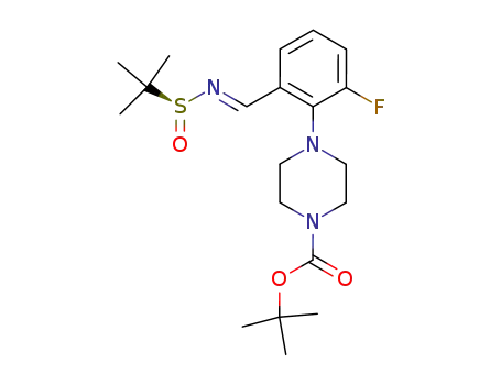 Molecular Structure of 869478-18-2 (4-{2-fluoro-6-[((S<sub>S</sub>)-2-methyl-propane-2-sulfinylimino)-methyl]-phenyl}-piperazine-1-carboxylic acid tert-butyl ester)