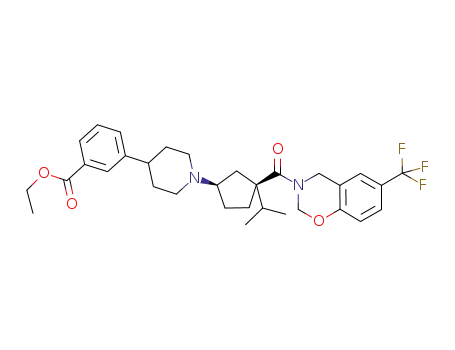 Molecular Structure of 782492-14-2 (Benzoic acid,
3-[1-[(1R,3S)-3-(1-methylethyl)-3-[[6-(trifluoromethyl)-2H-1,3-benzoxazin
-3(4H)-yl]carbonyl]cyclopentyl]-4-piperidinyl]-, ethyl ester)