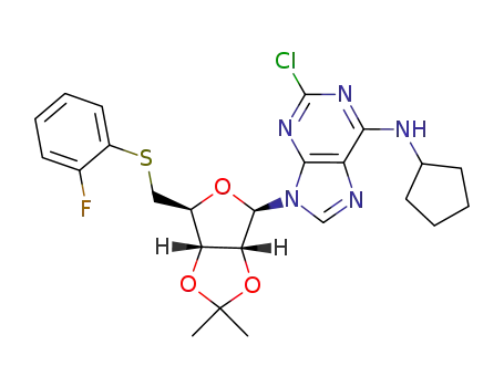 Molecular Structure of 1141934-36-2 (2-chloro-N6-cyclopentyl-9H-[2,3-O-isopropylidene-5-deoxy-5-(2-fluorophenylthio)-β-D-ribofuranosyl]adenine)