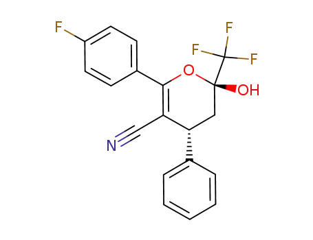 Molecular Structure of 1204589-64-9 (2-(4-fluorophenyl)-6-hydroxy-4-phenyl-6-(trifluoromethyl)-5,6-dihydro-4H-pyran-3-carbonitrile)