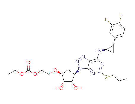 Molecular Structure of 1381841-44-6 (2-((1S,2S,3S,4R)-4-(7-(((1R,2S)-2-(3,4-difluorophenyl)cyclopropyl)amino-5-propylthio-3H-[1,2,3]triazolo[4,5-d]pyrimidin-3-yl)-2,3-dihydroxycyclopentyl)oxy) thyl carbonate)