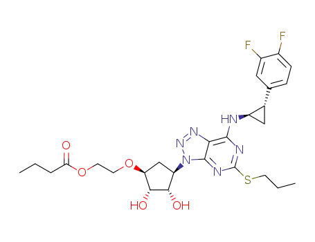 Molecular Structure of 1381841-39-9 (2-((1S,2S,3S,4R)-4-(7-(((1R,2S)-2-(3,4-difluorophenyl)cyclopropyl)amino-5-propylthio-3H-[1,2,3]triazolo[4,5-d]pyrimidin-3-yl)-2,3-dihydroxycyclopentyl)oxy)ethyl butyrate)