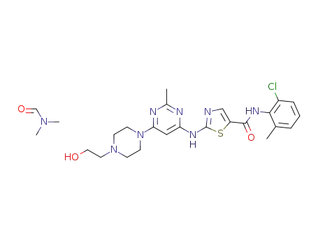 Molecular Structure of 1229345-36-1 (N-(2-chloro-6-methylphenyl)-2-[[6-[4-(2-hydroxyethyl)-1-piperazinyl]-2-methyl-4-pyrimidinyl]amino]-5-thiazole carboxamide N,N-dimethylformamide)