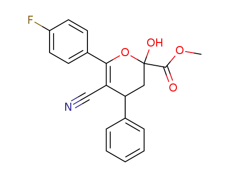 Molecular Structure of 1435943-40-0 (methyl 5-cyano-6-(4-fluorophenyl)-2-hydroxy-4-phenyl-3,4-dihydro-2H-pyran-2-carboxylate)