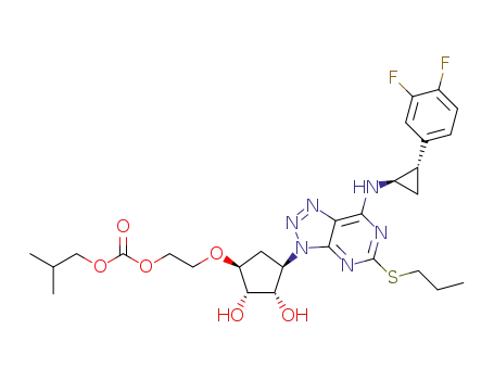 Molecular Structure of 1381841-46-8 (2-((1S,2S,3S,4R)-4-(7-(((1R,2S)-2-(3,4-difluorophenyl)cyclopropyl)amino-5-propylthio-3H-[1,2,3]triazolo[4,5-d]pyrimidin-3-yl)-2,3-dihydroxycyclopentyl)oxy)ethyl isobutyl carbonate)