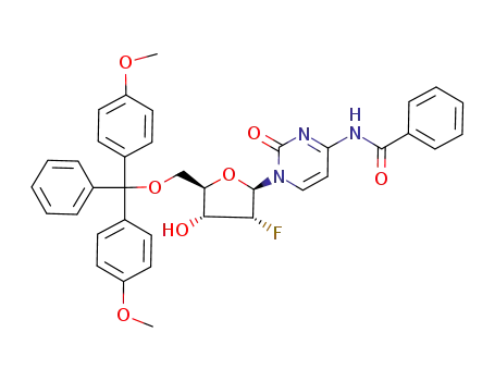 Molecular Structure of 154771-33-2 (N-[1-[5-O-[Bis(4-methoxyphenyl)phenylmethyl]-2-deoxy-2-fluoro-beta-D-arabinofuranosyl]-1,2-dihydro-2-oxo-4-pyrimidinyl]benzamide)