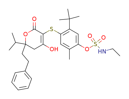 249728-23-2,5-tert-butyl-4-{[6-hydroxy-2-(1-methylethyl)-4-oxo-2-(2-phenylethyl)-3,4-dihydro-2H-pyran-5-yl]sulfanyl}-2-methylphenyl ethylsulfamate,Sulfamicacid, ethyl-,4-[[5,6-dihydro-4-hydroxy-6-(1-methylethyl)-2-oxo-6-(2-phenylethyl)-2H-pyran-3-yl]thio]-5-(1,1-dimethylethyl)-2-methylphenylester (9CI)