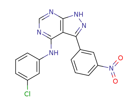Molecular Structure of 183738-69-4 (1H-Pyrazolo[3,4-d]pyrimidin-4-amine,
N-(3-chlorophenyl)-3-(3-nitrophenyl)-)