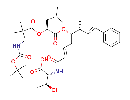 Molecular Structure of 240428-50-6 (N-<(1,1-dimethylethoxy)carbonyl>-2,2-dimethyl-β-alanyl-(2S)-2-hydroxy-4-(methylpentanoyl)-(2E,5S,6R,7E)-5-hydroxy-6-methyl-8-phenyl-2,7-octadienoyl-D-threonine)