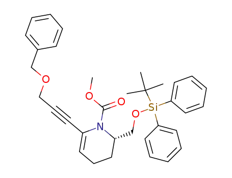 Molecular Structure of 880881-66-3 (1(2H)-Pyridinecarboxylic acid,
2-[[[(1,1-dimethylethyl)diphenylsilyl]oxy]methyl]-3,4-dihydro-6-[3-(phenyl
methoxy)-1-propynyl]-, methyl ester, (2S)-)
