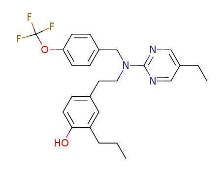 Molecular Structure of 596115-05-8 (Phenol,
4-[2-[(5-ethyl-2-pyrimidinyl)[[4-(trifluoromethoxy)phenyl]methyl]amino]eth
yl]-2-propyl-)