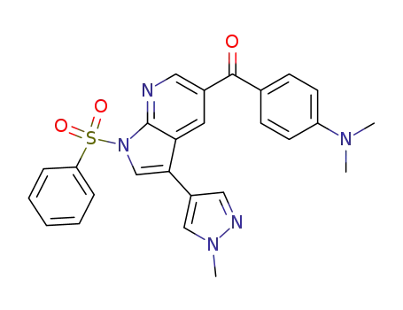 Molecular Structure of 864681-29-8 (1H-Pyrrolo[2,3-b]pyridine,
5-[4-(dimethylamino)benzoyl]-3-(1-methyl-1H-pyrazol-4-yl)-1-(phenylsulf
onyl)-)
