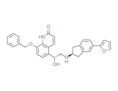 Molecular Structure of 774222-67-2 (8-benzyloxy-5-[R-2-(S-5-(furan-2-yl)-indan-2-ylamino)-1-hydroxyethyl]-1H-quinolin-2-one)
