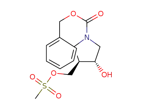Molecular Structure of 604798-49-4 (1-Pyrrolidinecarboxylic acid, 3-hydroxy-4-[[(methylsulfonyl)oxy]methyl]-,
phenylmethyl ester, (3R,4R)-)