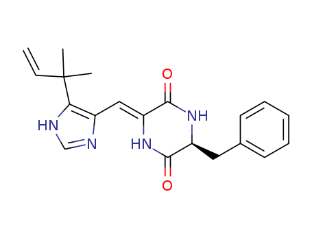 200815-37-8,Phenylahistin,(-)-(S)-phenylahistin;(-)-[cyclo(ΔisoprenylHis-L-Phe)];(-)-phenylahistin;phenylahistin;(+)-[cyclo(ΔisoprenylHis-L-Phe)];(S)-3-Benzyl-6-[1-[5-(1,1-dimethyl-allyl)-1H-imidazol-4-yl]-meth-(Z)-ylidene]-piperazine-2,5-dione;(-)-(S)-halimide;