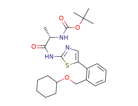 Molecular Structure of 498574-71-3 (Carbamic acid,
[(1S)-2-[[5-[2-[(cyclohexyloxy)methyl]phenyl]-2-thiazolyl]amino]-1-methyl-
2-oxoethyl]-, 1,1-dimethylethyl ester)