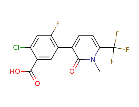Molecular Structure of 194237-29-1 (5-(1-methyl-6-trifluoromethyl-2(1H)-pyridon-3-yl)-2-chloro-4-fluorobenzoic acid)