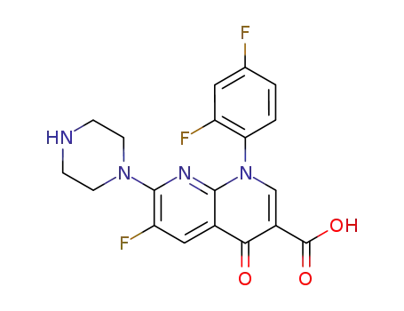 Molecular Structure of 100490-19-5 (1-(2,4-difluorophenyl)-6-fluoro-4-oxo-7-piperazin-1-yl-1,4-dihydro-1,8-naphthyridine-3-carboxylic acid)