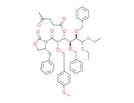 Molecular Structure of 1021297-67-5 ((R)-4-benzyl-3-((2S,3R,4S,5R)-3-levulinoxy-4,5-bis(benzyloxy)-6,6-bis(ethylthio)-2-(4-methoxybenzyloxy)hexanoyl)oxazolidin-2-one)