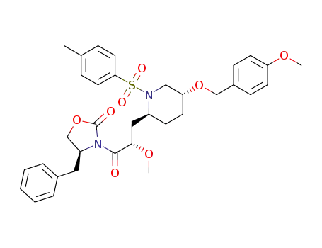 Molecular Structure of 1005478-61-4 ((S)-4-benzyl-3-{(S)-2-methoxy-3-[(2S,5R)-5-(4-methoxy-benzyloxy)-1-(toluene-4-sulfonyl)-piperidin-2-yl]-propionyl}-oxazolidin-2-one)