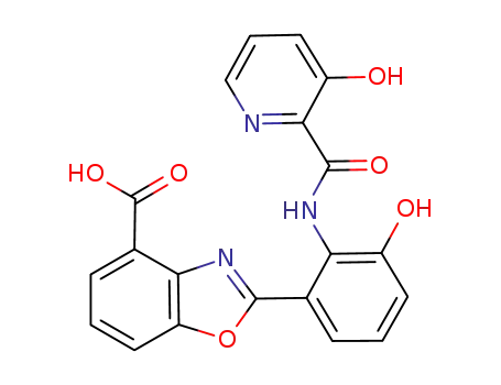 Molecular Structure of 80148-45-4 (2-(3-hydroxy-2-{[(3-hydroxypyridin-2-yl)carbonyl]amino}phenyl)-1,3-benzoxazole-4-carboxylic acid)