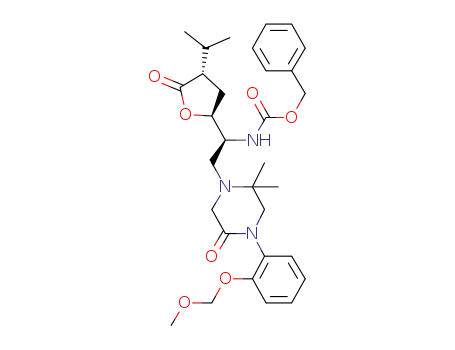 Molecular Structure of 1000047-28-8 ({(S)-1-[(2S,4S)-4-isopropyl-5-oxotetrahydrofuran-2-yl]-2-[4-(2-methoxymethoxyphenyl)-2,2-dimethyl-5-oxopiperazin-1-yl]ethyl}carbamic acid benzyl ester)