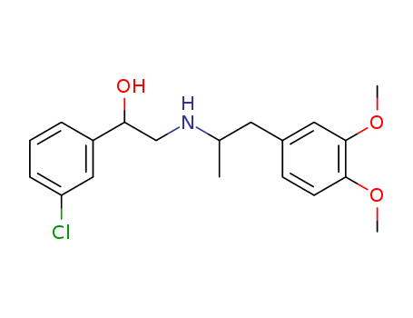 Molecular Structure of 138908-48-2 (Benzenemethanol,
3-chloro-a-[[[2-(3,4-dimethoxyphenyl)-1-methylethyl]amino]methyl]-)