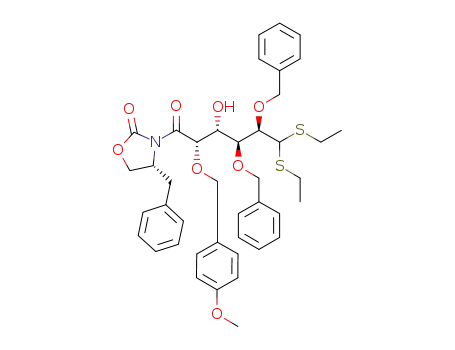 Molecular Structure of 1021297-63-1 ((R)-4-benzyl-3-((2S,3R,4S,5R)-4,5-bis(benzyloxy)-6,6-bis(ethylthio)-3-hydroxy-2-(4-methoxybenzyloxy)hexanoyl)oxazolidin-2-one)