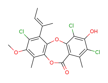 Molecular Structure of 10089-10-8 (2,4,7-Trichloro-3-hydroxy-8-methoxy-1,9-dimethyl-6-(1-methyl-1-propenyl)-11H-dibenzo[b,e][1,4]dioxepin-11-one)