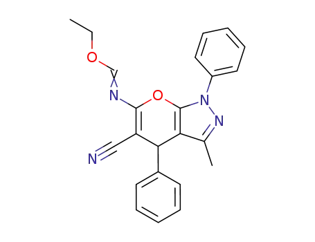 Molecular Structure of 130593-31-6 (Methanimidic acid,
N-(5-cyano-1,4-dihydro-3-methyl-1,4-diphenylpyrano[2,3-c]pyrazol-6-yl)-
, ethyl ester)
