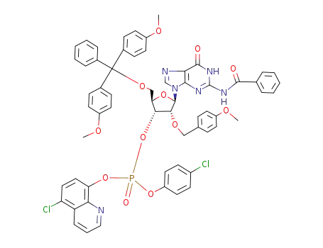 Phosphoric acid (2R,3R,4R,5R)-5-(2-benzoylamino-6-oxo-1,6-dihydro-purin-9-yl)-2-[bis-(4-methoxy-phenyl)-phenyl-methoxymethyl]-4-(4-methoxy-benzyloxy)-tetrahydro-furan-3-yl ester 4-chloro-phenyl ester 5-chloro-quinolin-8-yl ester