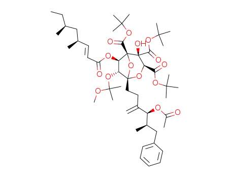 Molecular Structure of 146008-36-8 ((1S,3S,4S,5R,6R,7R)-1-((4S,5R)-4-Acetoxy-5-methyl-3-methylene-6-phenyl-hexyl)-6-((E)-(4S,6S)-4,6-dimethyl-oct-2-enoyloxy)-4-hydroxy-7-(1-methoxy-1-methyl-ethoxy)-2,8-dioxa-bicyclo[3.2.1]octane-3,4,5-tricarboxylic acid tri-tert-butyl ester)