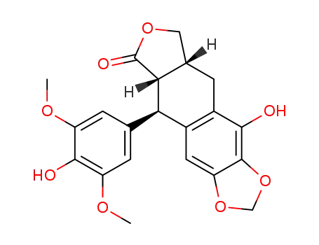 Molecular Structure of 477-46-3 (Furo[3',4':6,7]naphtho[2,3-d]-1,3-dioxol-6(5aH)-one,5,8,8a,9-tetrahydro-10-hydroxy-5-(4-hydroxy-3,5-dimethoxyphenyl)-,(5R,5aS,8aR)-)