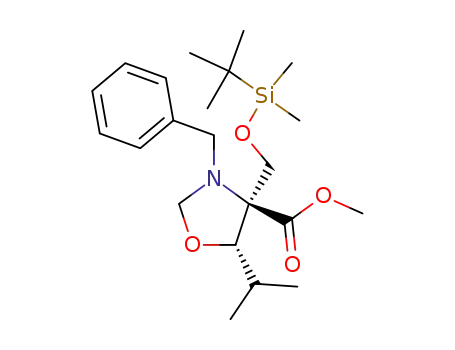 Molecular Structure of 145451-93-0 ((4R,5S)-3-N-Benzyl-4-(t-butyldimethylsilyloxymethyl)-5-isopropyloxazoladine-4-carboxylic Acid, Methyl Ester)