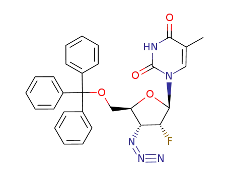 Molecular Structure of 132776-25-1 (1-[(2R,3R,4R,5S)-4-azido-3-fluoro-5-(trityloxymethyl)oxolan-2-yl]-5-methyl-pyrimidine-2,4-dione)